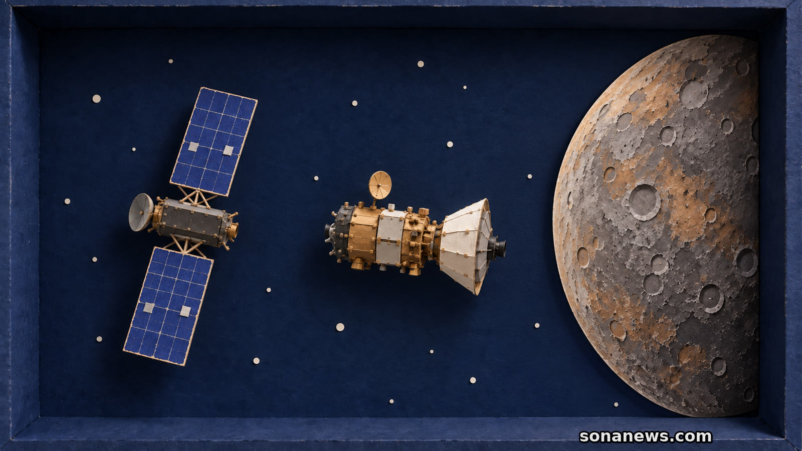 Conceptual BepiColombo model with its detached cruise module, paired orbiters and Mercury arranged across a dark space backdrop.