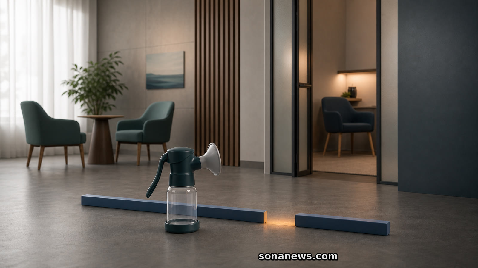 An unbranded breast pump and interrupted support rail connect clinic counselling with a private workplace room.