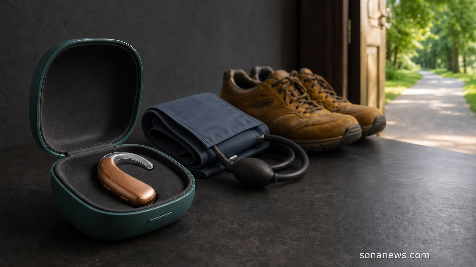 A hearing aid, blood pressure cuff and walking shoes form a dementia risk-reduction toolkit on a community-health table.