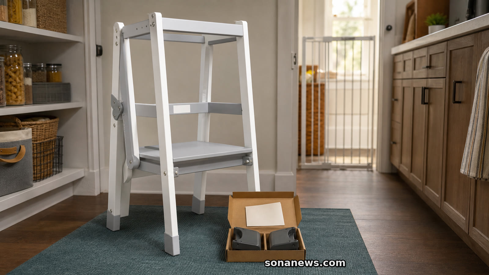 Unbranded toddler kitchen tower beside a boxed pair of weighted stabilisers for the Boon PIVOT recall.
