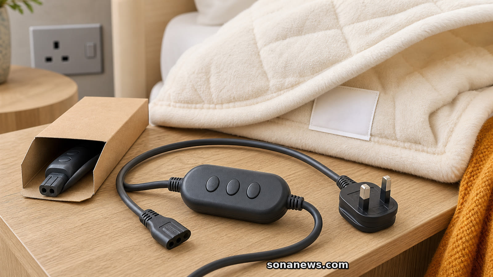 Unplugged electric blanket cable and inline controller beside a care label and replacement sleeve for the Dunelm batch check.