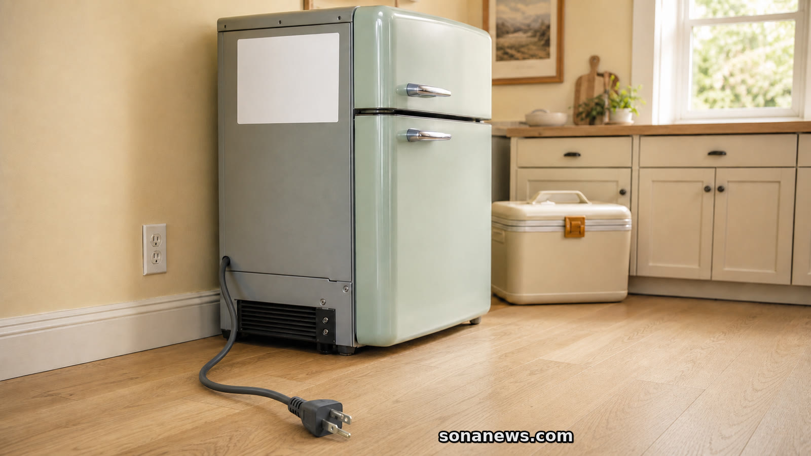 Unplugged refrigerator plug leading to a blank back label on a retro fridge beside a cooler for the U.S. Galanz recall.