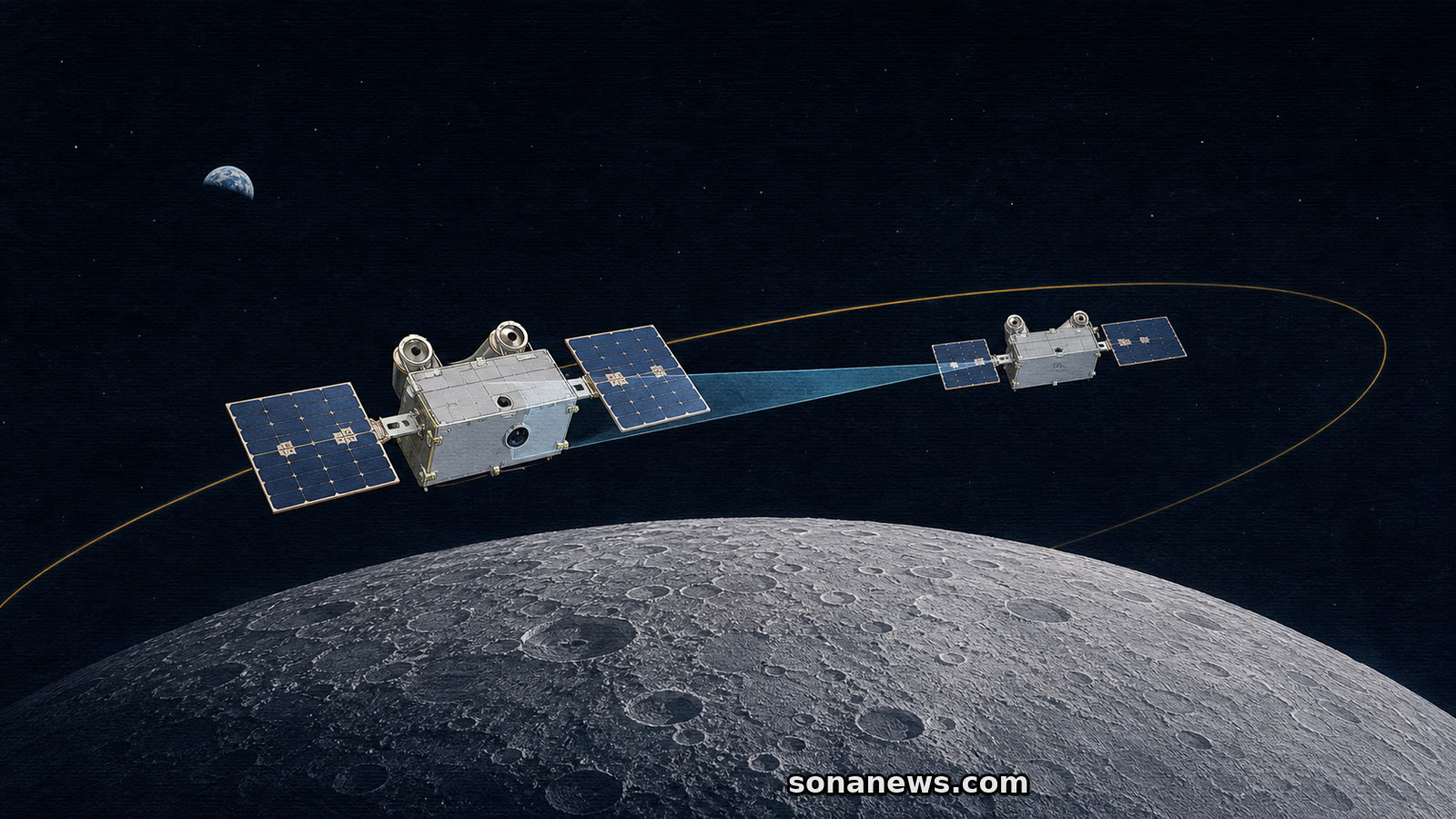 Two conceptual CAPSTONE 02 spacecraft hold formation above the Moon while a cyan sight cone marks relative navigation.