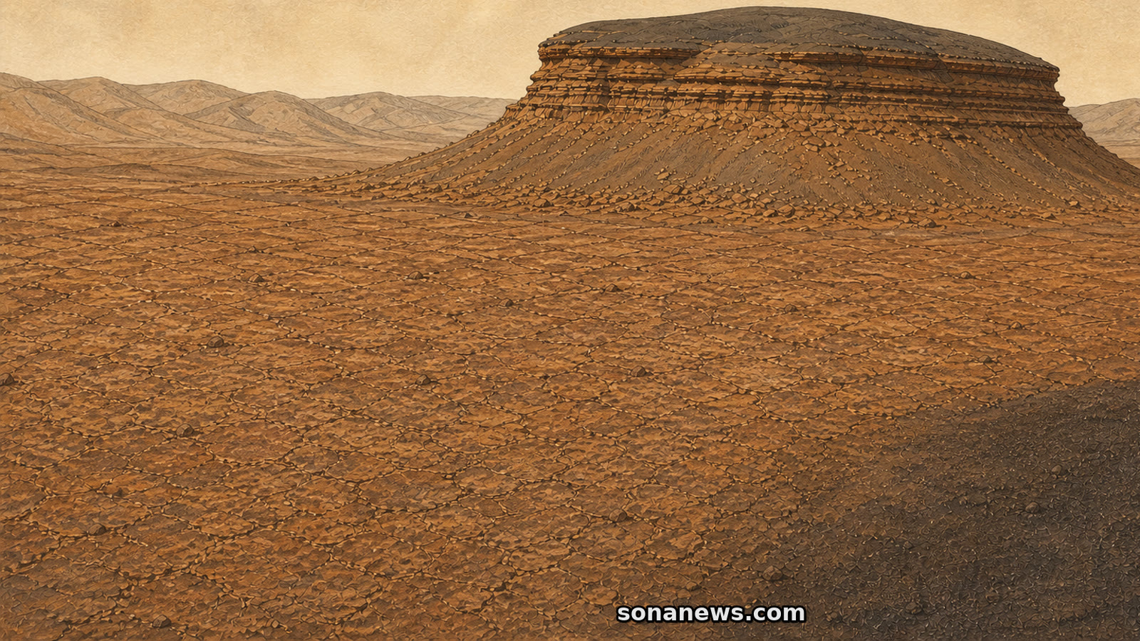 Editorial illustration of irregular polygon fractures spreading across Valle Grande toward a layered, dark-sand-capped Martian butte.
