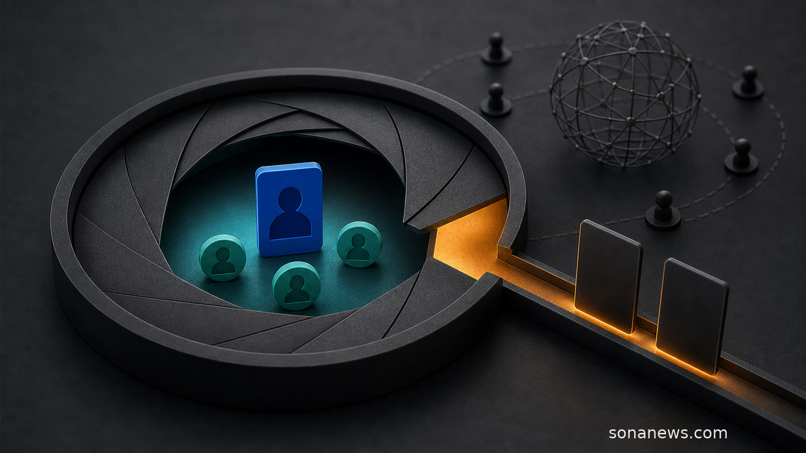 A conceptual privacy iris separates a TikTok minor account from accepted contacts, a global audience and a recommendation rail.