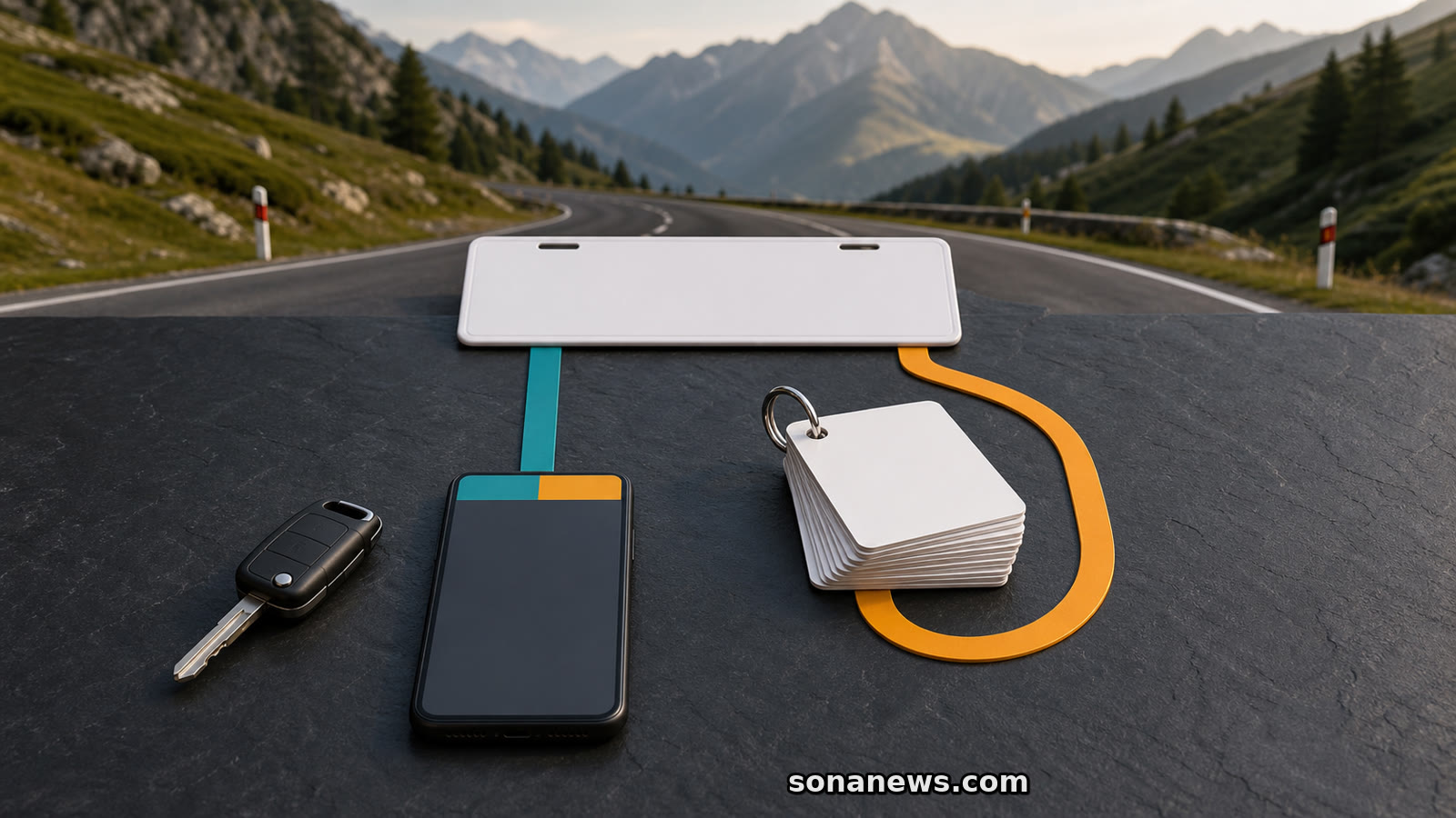 A blank licence plate connects to a phone and looping calendar path above an Austrian Alpine motorway.