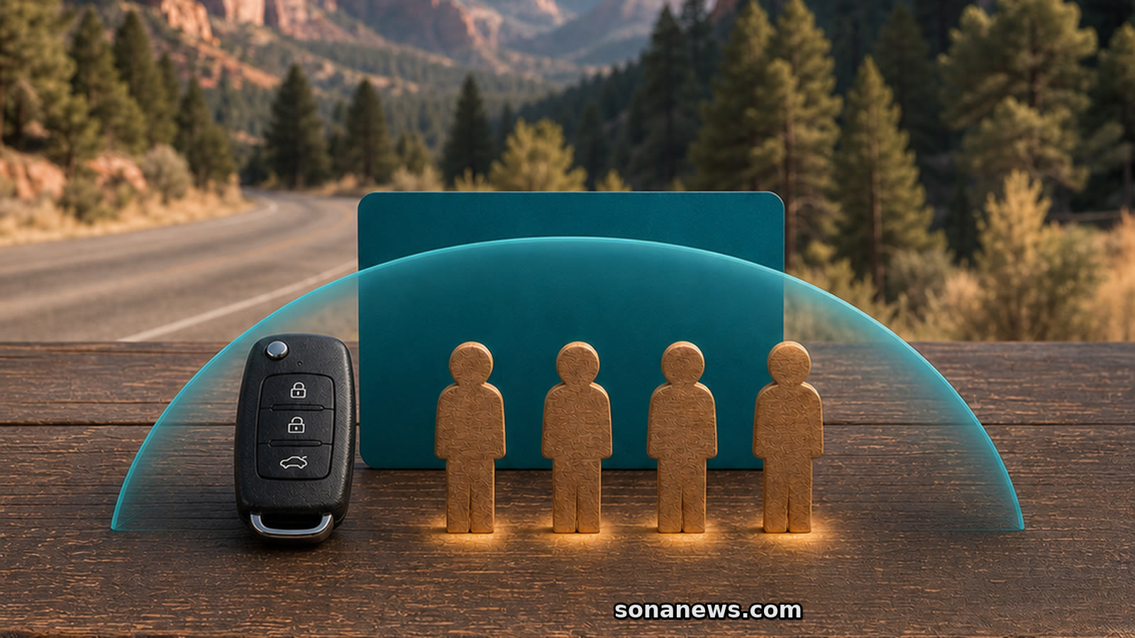 Car key and four wooden travellers sit under a group pass against a U.S. national park road.